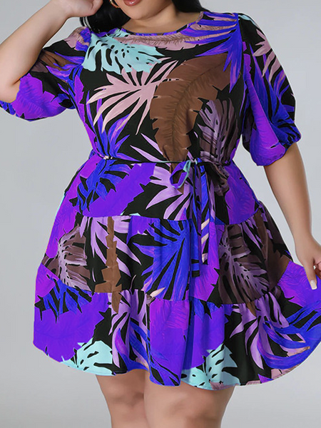 Printed dress lantern sleeves deep round neck HW5C6R7S5U