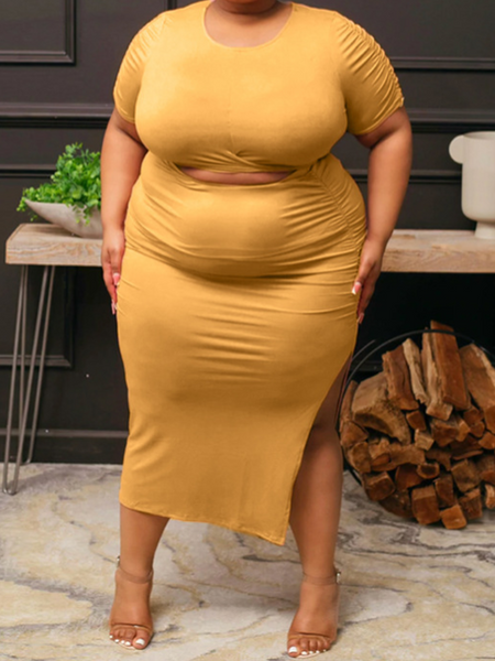 Summer Fashion Solid Color Short Sleeve Top &slit skirt two-piece set HWFQRLQNWD