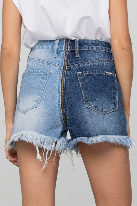 Long Fray Two Tone Denim Shorts
