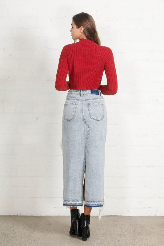 HIGH RISE DISTRESSED DENIM MAXI SKIRT