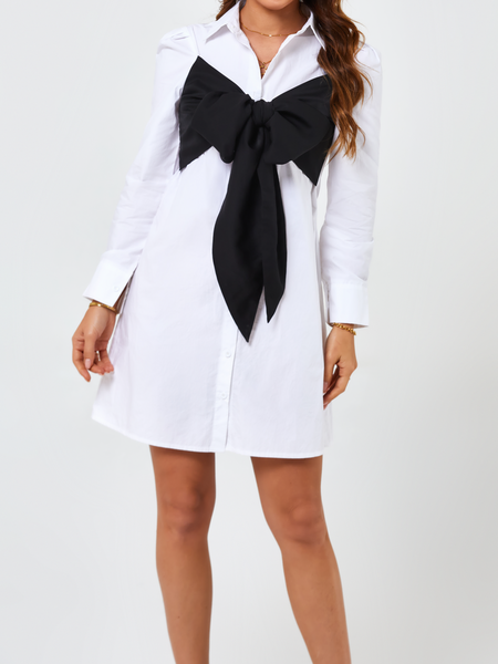 Women's Dress Two Tone Bowknot Front Puff Sleeve Shirt Dress H8L7FFR6B8