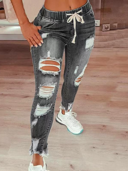 High-waisted ripped drawstring denim jeans HCZ7XKL8FK