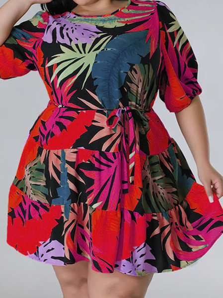 Printed dress lantern sleeves deep round neck HW5C6R7S5U