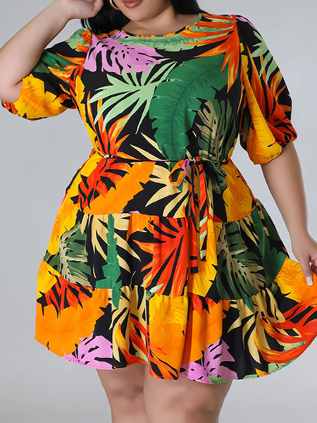 Printed dress lantern sleeves deep round neck HW5C6R7S5U