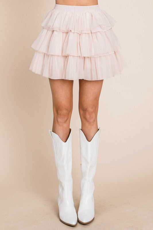 SOLID MESH TIERED MINI SKIRT