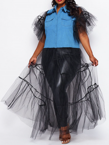 Denim Mesh Panels Irregular Top HWULYU37HV