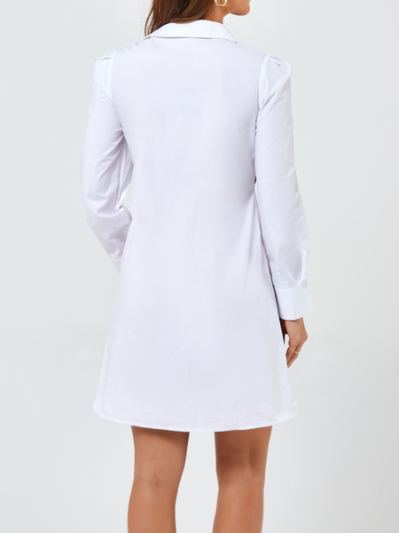 Women's Dress Two Tone Bowknot Front Puff Sleeve Shirt Dress H8L7FFR6B8
