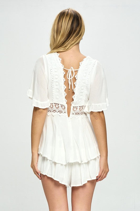 Flutter Sleeved Short Romper with Crochet Trim