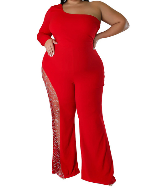 Slim-fit Solid Color Hot Drilling Single Shoulder Jumpsuit HWULYU3HHA