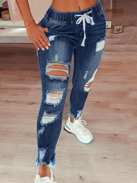 High-waisted ripped drawstring denim jeans HCZ7XKL8FK