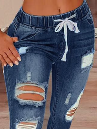 High-waisted ripped drawstring denim jeans HCZ7XKL8FK
