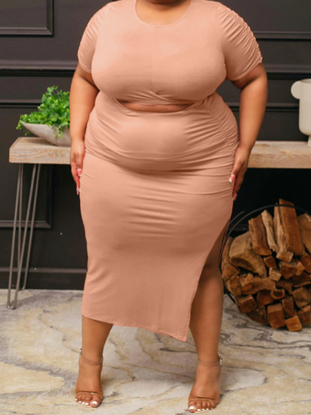 Summer Fashion Solid Color Short Sleeve Top &slit skirt two-piece set HWFQRLQNWD