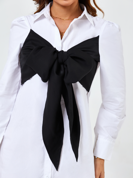 Women's Dress Two Tone Bowknot Front Puff Sleeve Shirt Dress H8L7FFR6B8