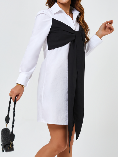 Women's Dress Two Tone Bowknot Front Puff Sleeve Shirt Dress H8L7FFR6B8