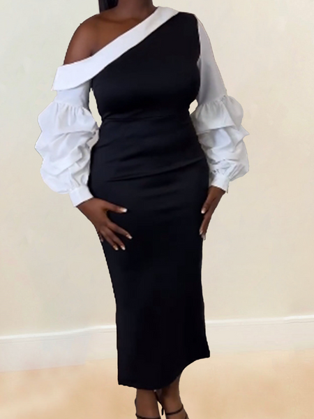 One Shoulder Lantern Sleeve Split Dress HW77YNEUPC