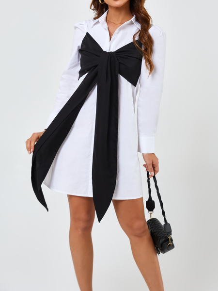 Women's Dress Two Tone Bowknot Front Puff Sleeve Shirt Dress H8L7FFR6B8