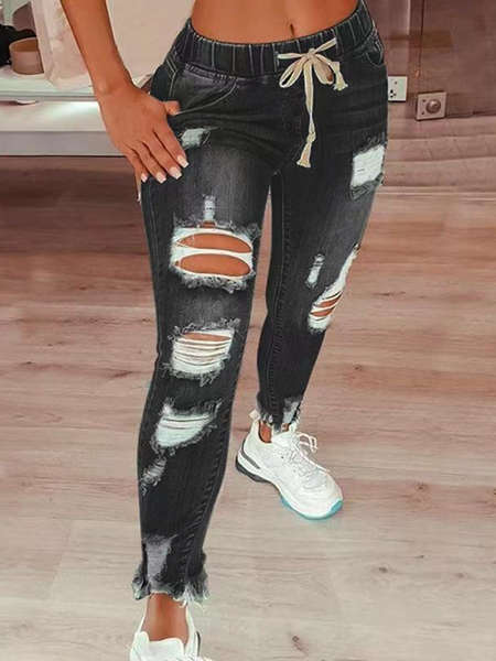 High-waisted ripped drawstring denim jeans HCZ7XKL8FK