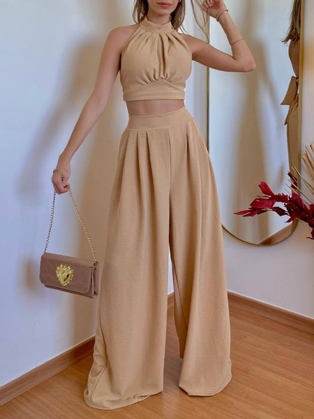 Casual Neck-hanging, Elegant Pressed Fold, High-waisted Long Pants Two-piece Set HW5TLMACSD