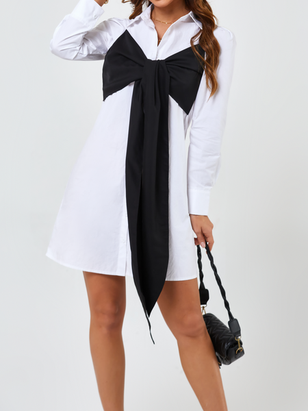 Women's Dress Two Tone Bowknot Front Puff Sleeve Shirt Dress H8L7FFR6B8