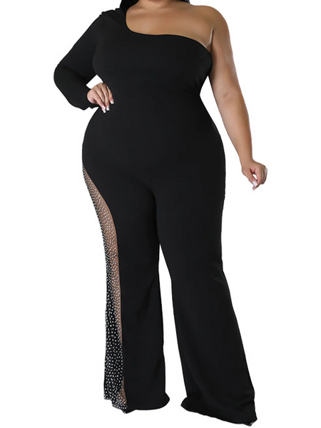 Slim-fit Solid Color Hot Drilling Single Shoulder Jumpsuit HWULYU3HHA