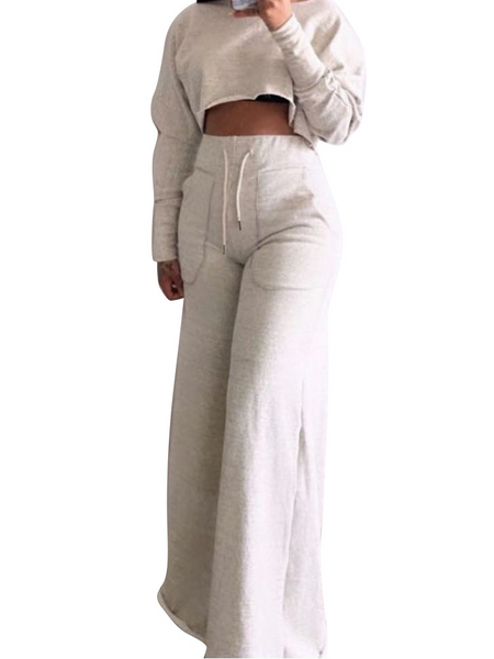 Solid Color Temperament Long Sleeve and Wide Let Pants Set HW58RUHDQM