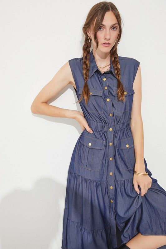 PLUS SLEEVELESS BUTTON DOWN COLLARED DENIM DRESS