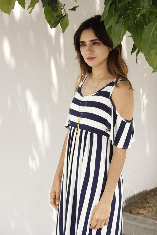 Cold shoulder stripe swing dress