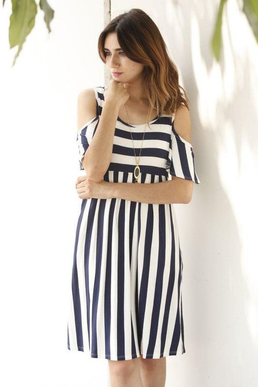 Cold shoulder stripe swing dress
