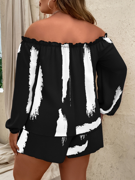 Black And White Printed Off the Shoulder Top & Shorts 2-PC Set
 HNYH893XEH