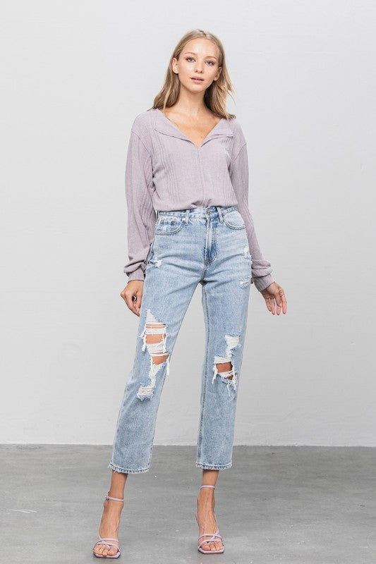 High Rise Ripped Girlfriend Jeans