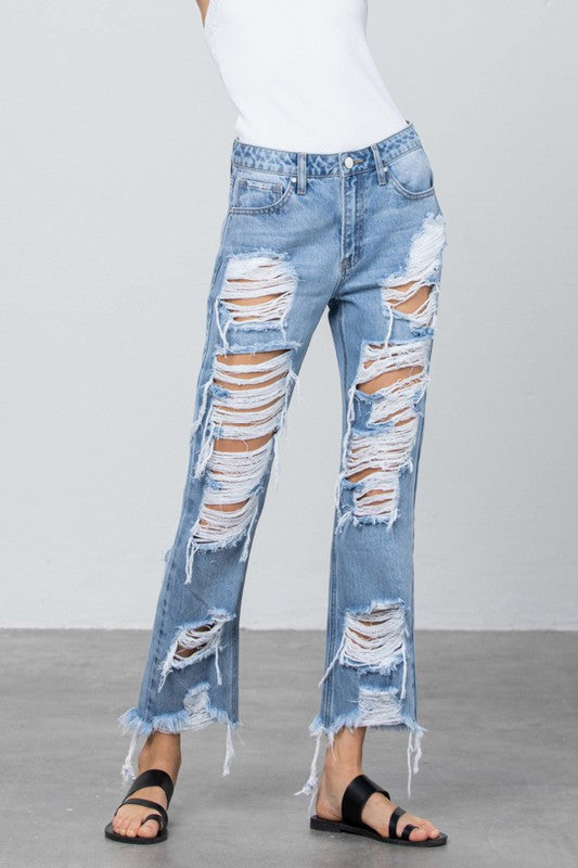 Heavy Destroyed Frayed Hem Straight Jeans