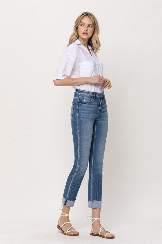 Mid-Rise Single Cuffed Crop Slim Straight Jeans