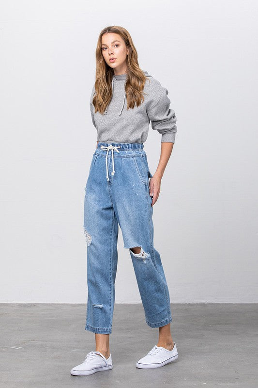 Super High Waist Drawstring Ripped Slouch Jeans