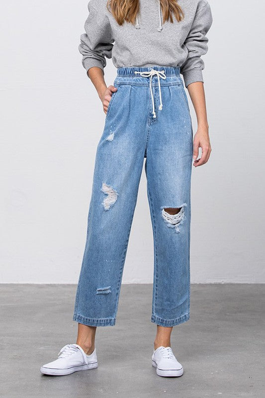Super High Waist Drawstring Ripped Slouch Jeans