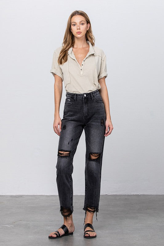 HIGH WAIST MOM FIT BLACK ANKLE JEANS