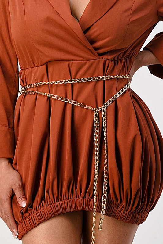 Terracotta Trench Romper with Gold Chain Belt