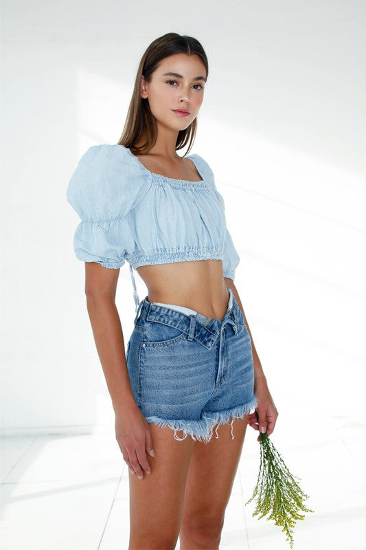 Mid Rise Frayed Denim Shorts