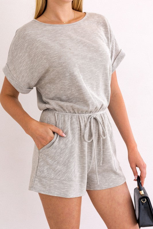 Short Roll-Up Sleeve Elastic Waist Romper