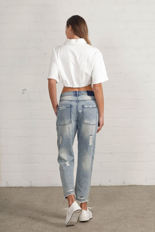 RAW HEM PATCHED JEANS