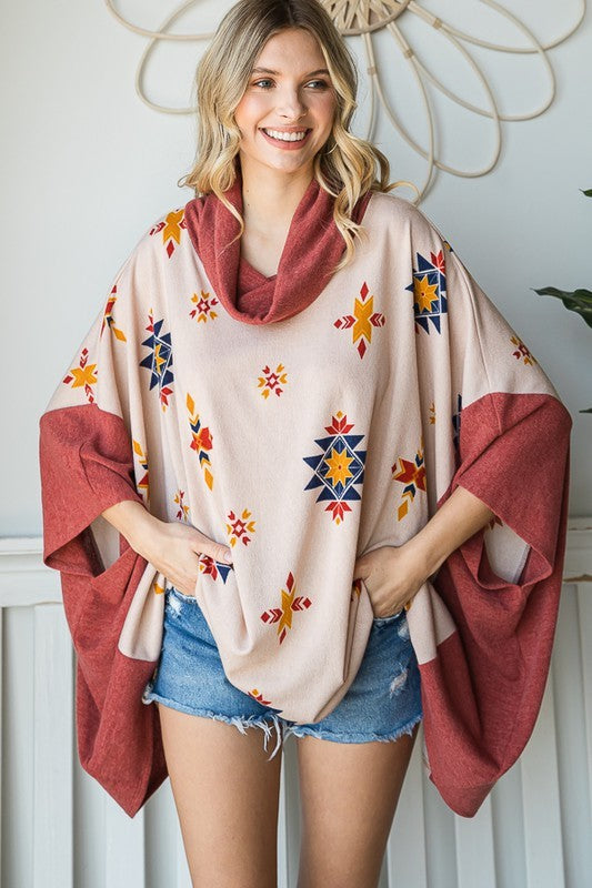 AZTEC PRINT COWL NECK OVERSIZED PONCHO