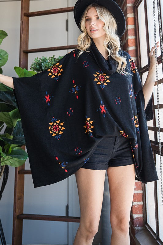 AZTEC PRINT COWL NECK OVERSIZED PONCHO