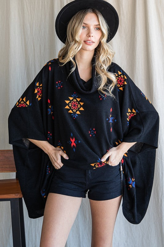 AZTEC PRINT COWL NECK OVERSIZED PONCHO