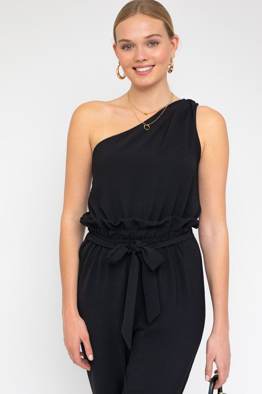 Sleeveless One Shoulder Waist Tie Jumpsuit