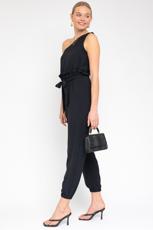 Sleeveless One Shoulder Waist Tie Jumpsuit