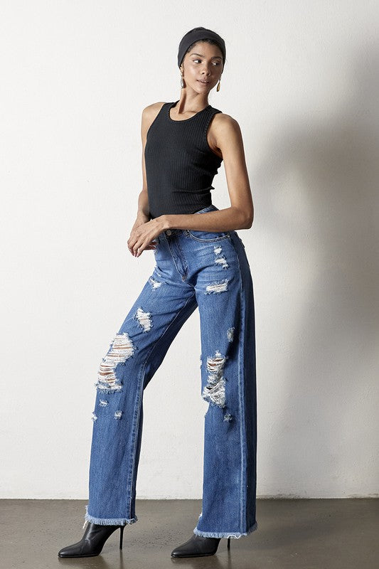 Distressed Frayed Hem Dad Jeans