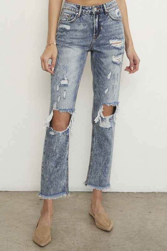 High Rise Ripped Frayed Hem Straight Jeans