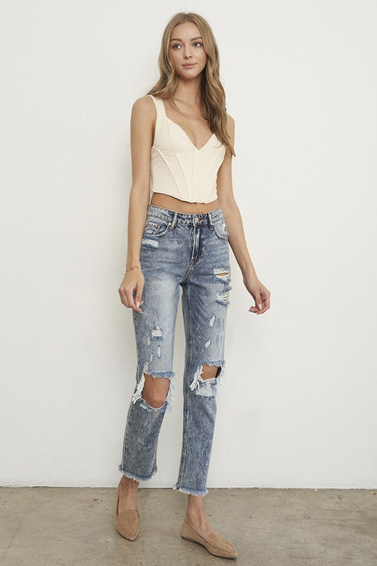 High Rise Ripped Frayed Hem Straight Jeans