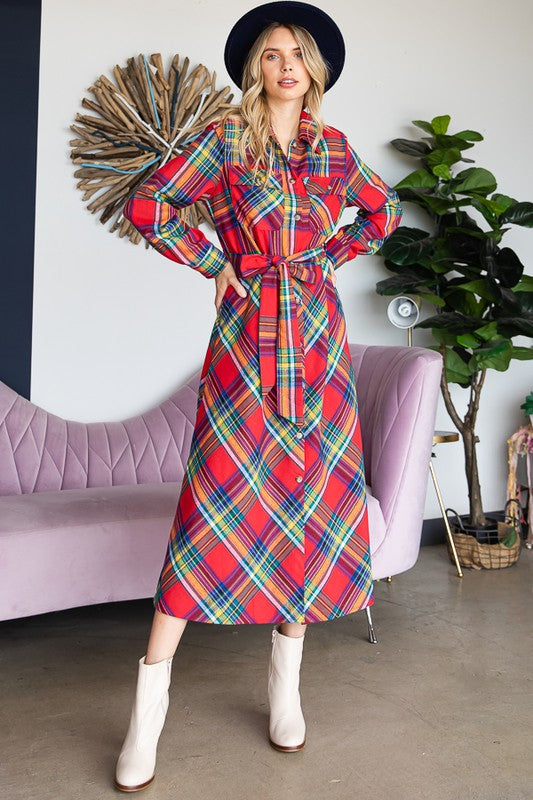 PLAID BELTED LONG SHIRT DRESS