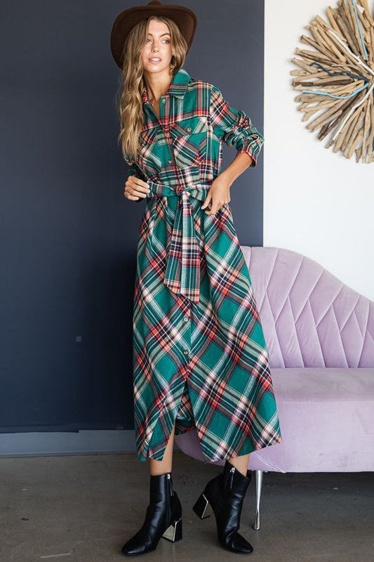 PLAID BELTED LONG SHIRT DRESS