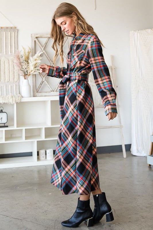 PLAID BELTED LONG SHIRT DRESS